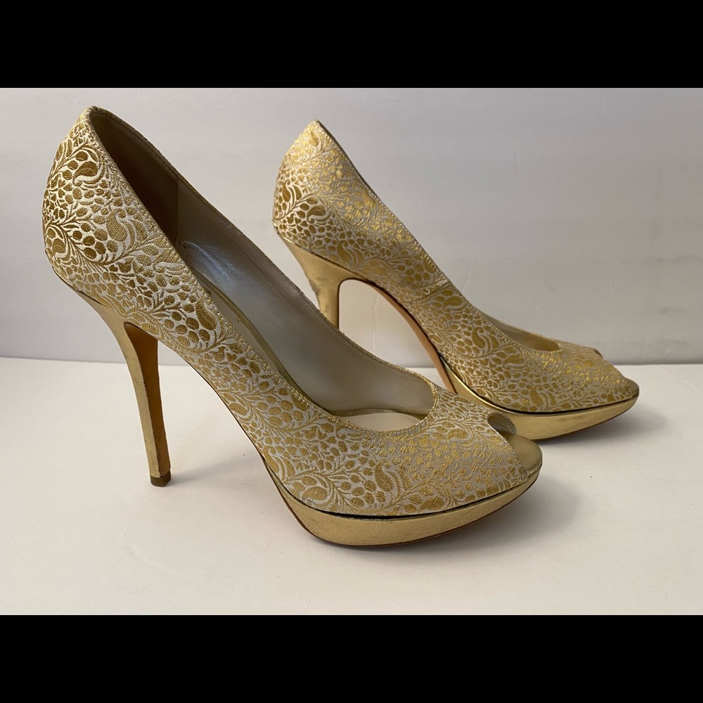 Christian Dior open toe pumps heels fabric leather gold 39.5 - Picture 3 of 14